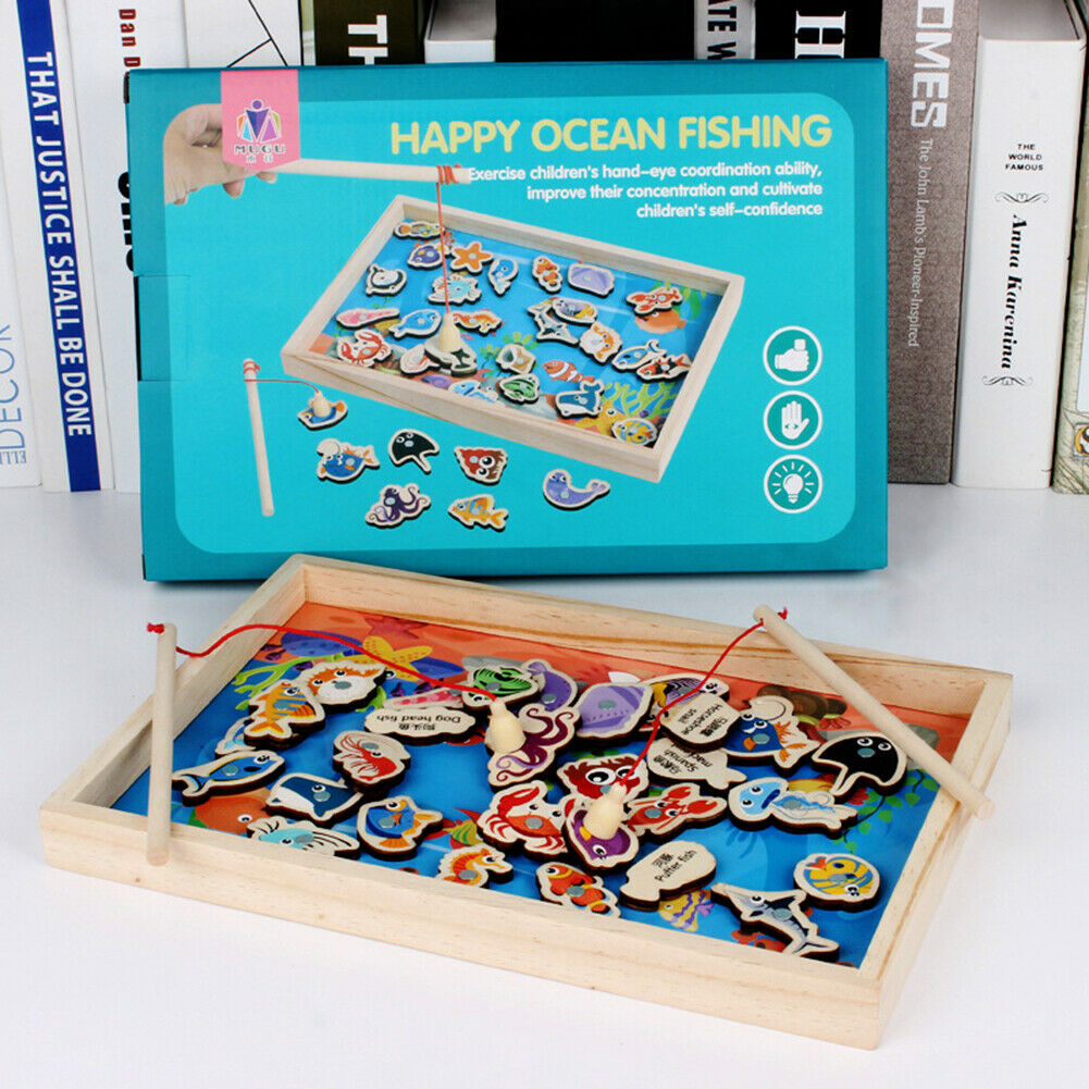 1set Wooden Fishing Game Baby Kids Educational Toys Magnetic Puzzle Board