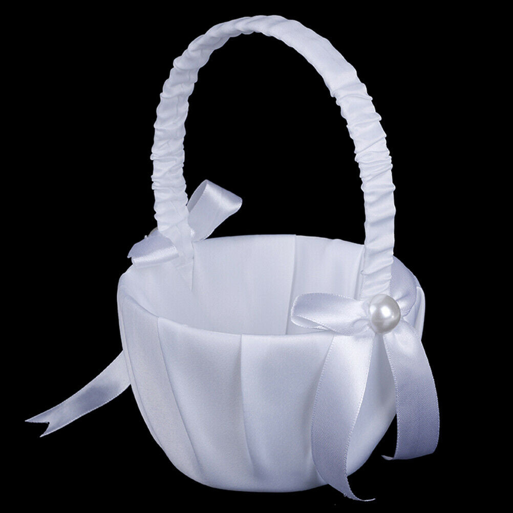 White Satin Beaded Wedding Flower Girl Basket Bowknot Decor NTJ ueJCA.DD