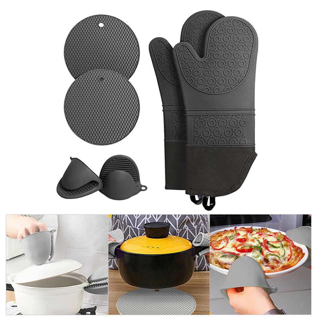 Silicone Oven Mitts and Pot Holders Heat Resistant with Cotton Quilted Liner