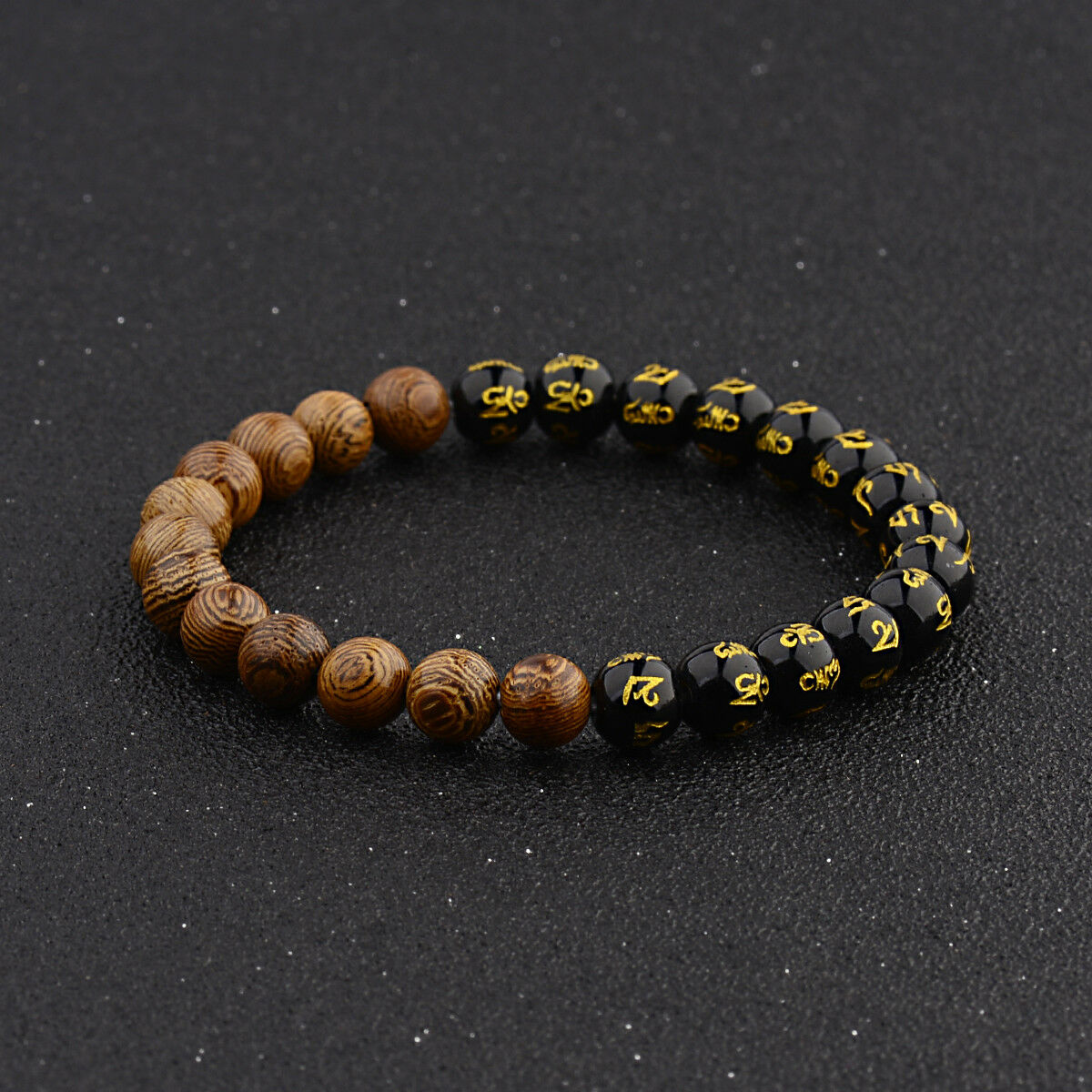 8mm Tibetan Black Agate & Wooden Bead Carve Mantra Om Mani Hum Amulet Bracelets