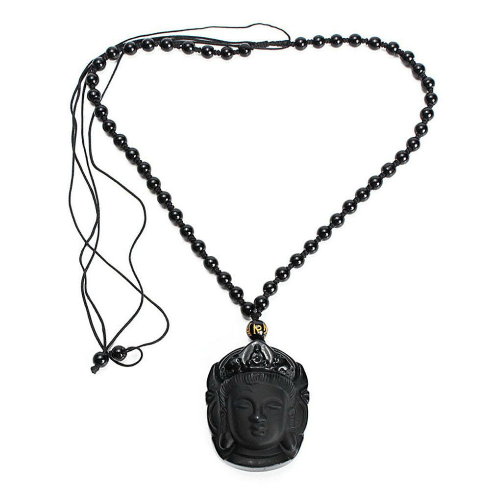 Natural Black Obsidian Carved Buddha Head Lucky Amulet Pendant Necklace Women