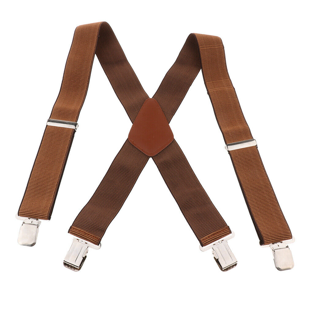 Mens Suspenders X Back Wide Elastic Adjustable Trouser Clips Braces Brown