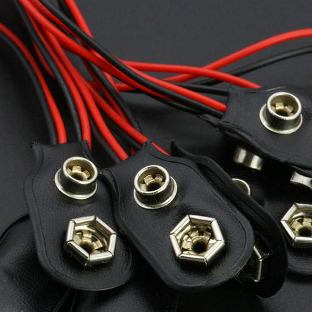 10 Pcs Snap 9V (9 Volt) Battery Clip Connector I Type Black w Cable Black