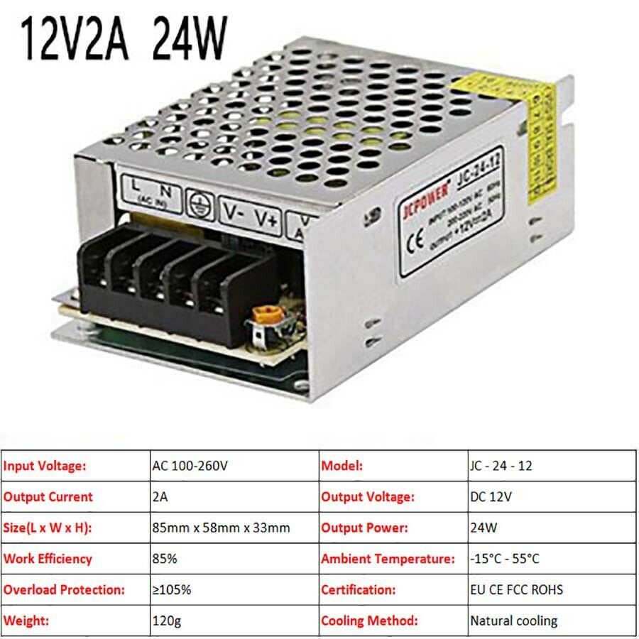 12V 2A 24W DC Regulated Switching Power Supply LED Strip CCTV Monitor PSU