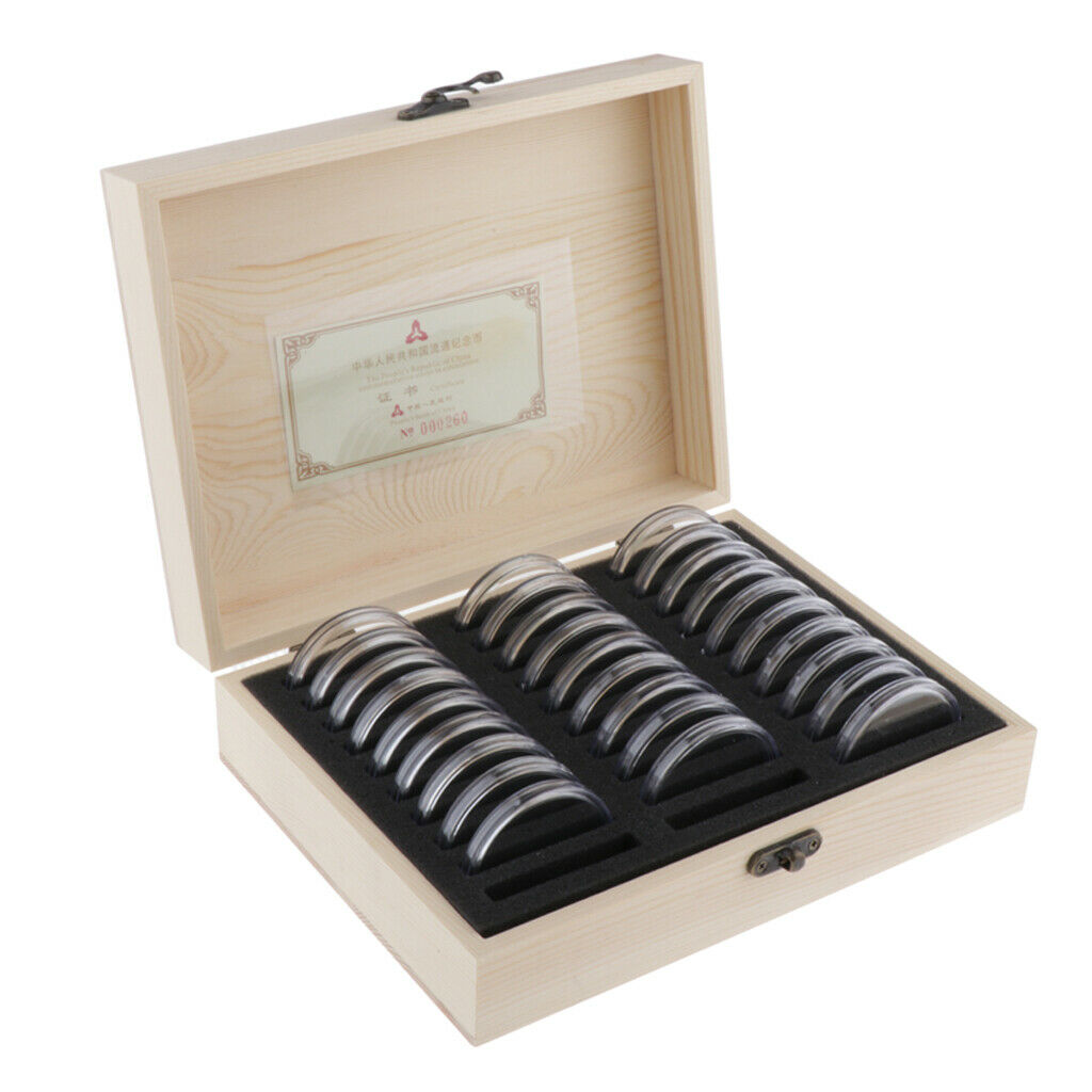 30pcs Transparent Coin Capsules Protection Display Holders with Wooden Box for