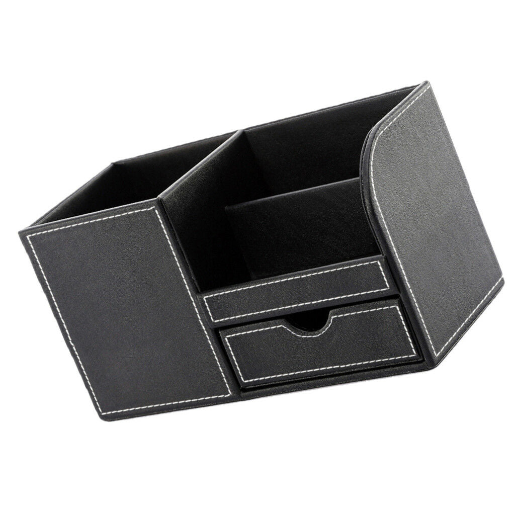 Office Storage Box Leather Stationery Organizer Pens Holder Box Black