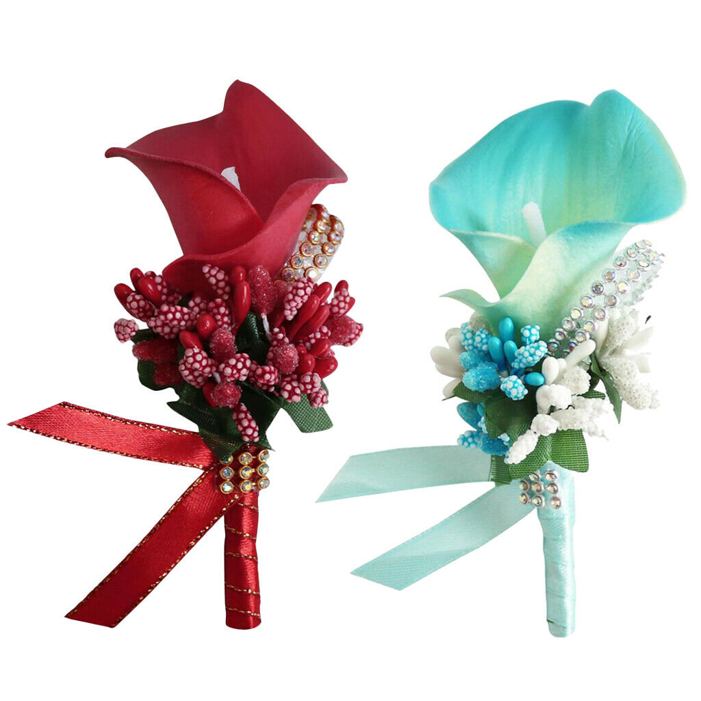 Set 2 Cute Calla Berry Rhinestone Groom Bridal Wedding Corsage Sky Blue+Red