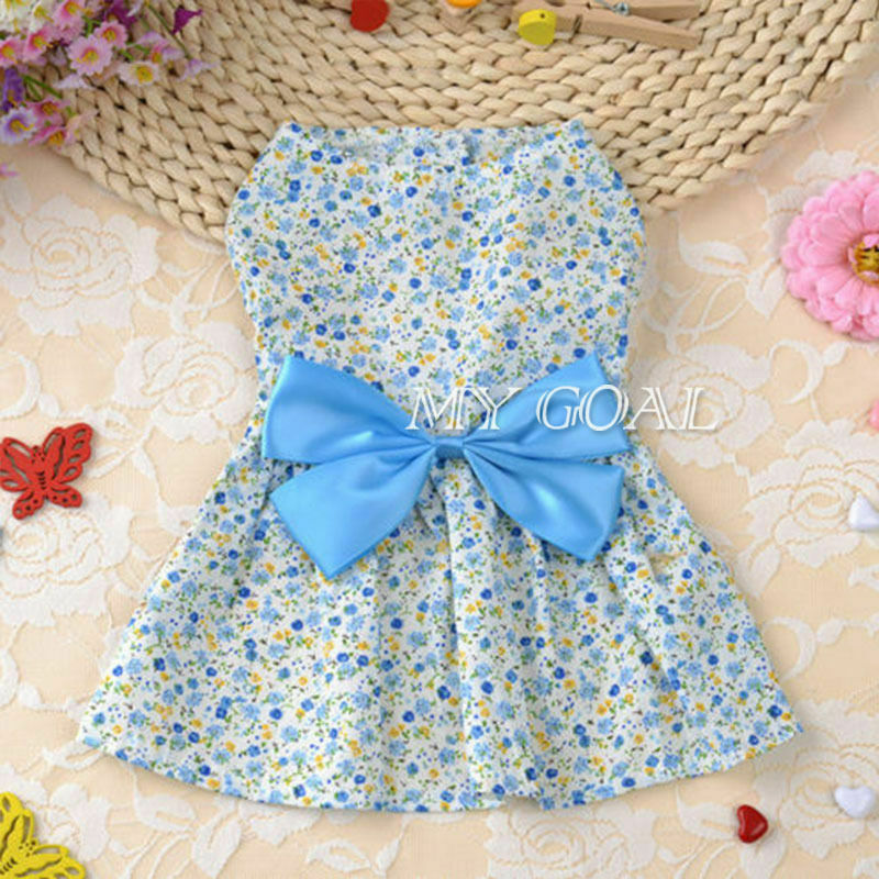 Pet Dog Dress Skirt Cat Bow Princess Clothes Apparel Female Costume Blue S