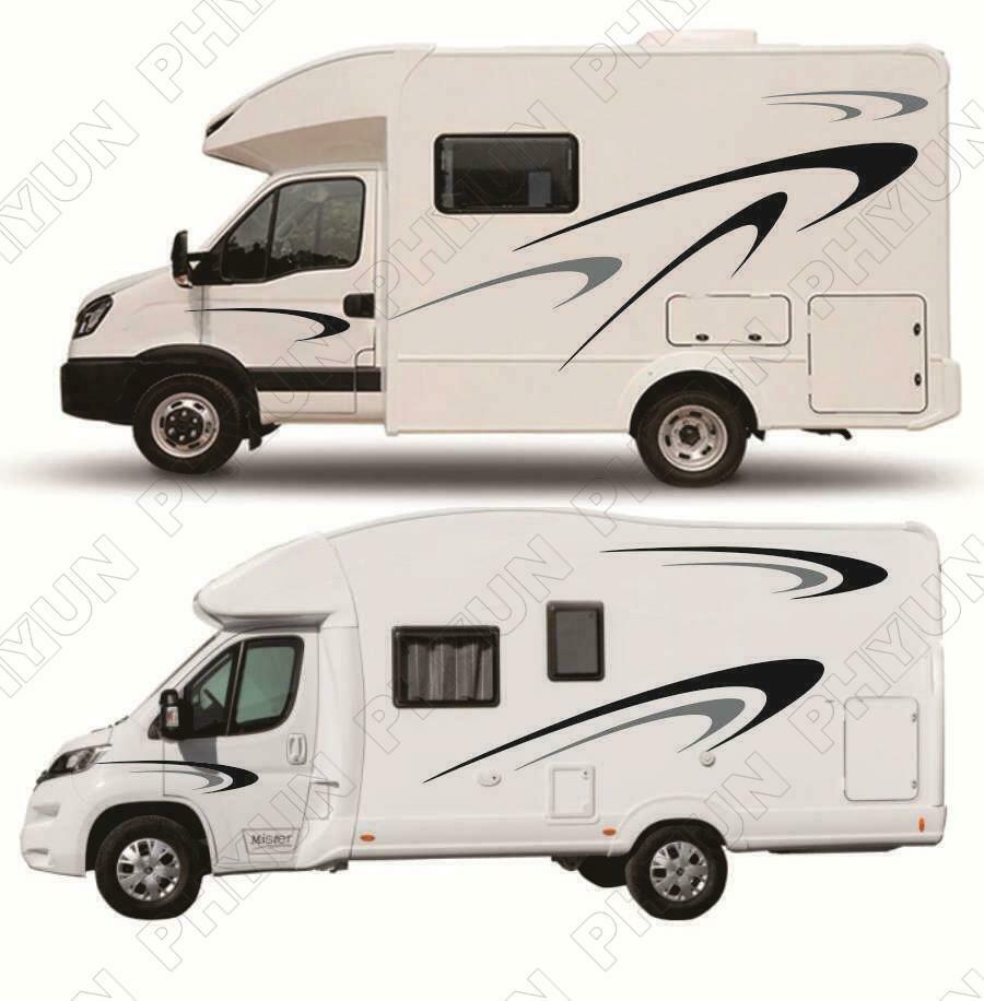 Universal Car 2 Side Body Stickers Black + Grey Wave Style For Camper RV Trailer