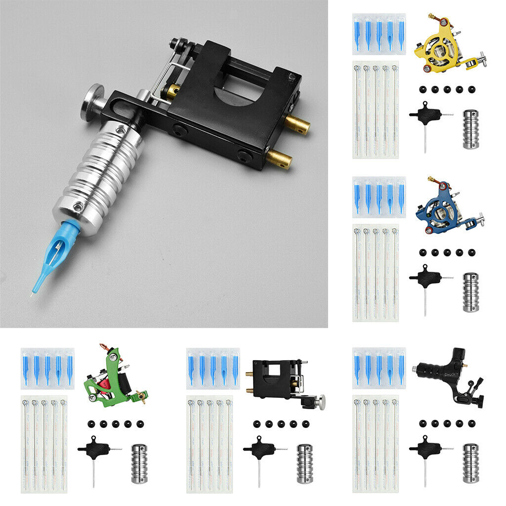 Complete Tattoo Kit Machine Gun Needles Tube Tips Handle Pads Set Yellow