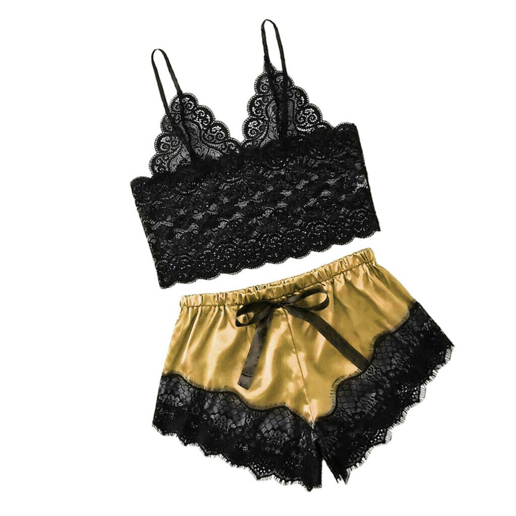 Women's Pajama Short Nightwear Lace Bralette Top & Shorts Homewear Golden XL