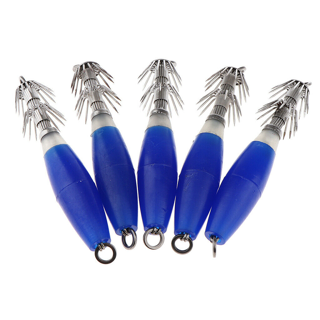 5pcs Luminous Blue Squid Jigs Glow in Dark Tackle Saltwater Fishing Lures