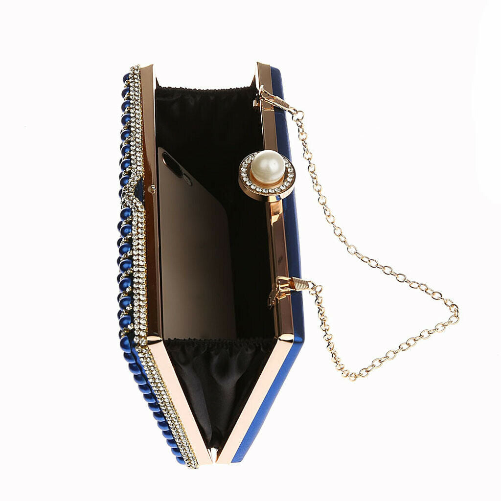 Bling Evening Clutch Purse Bridal Wedding Handbag with 2 Detachable Chains Blue