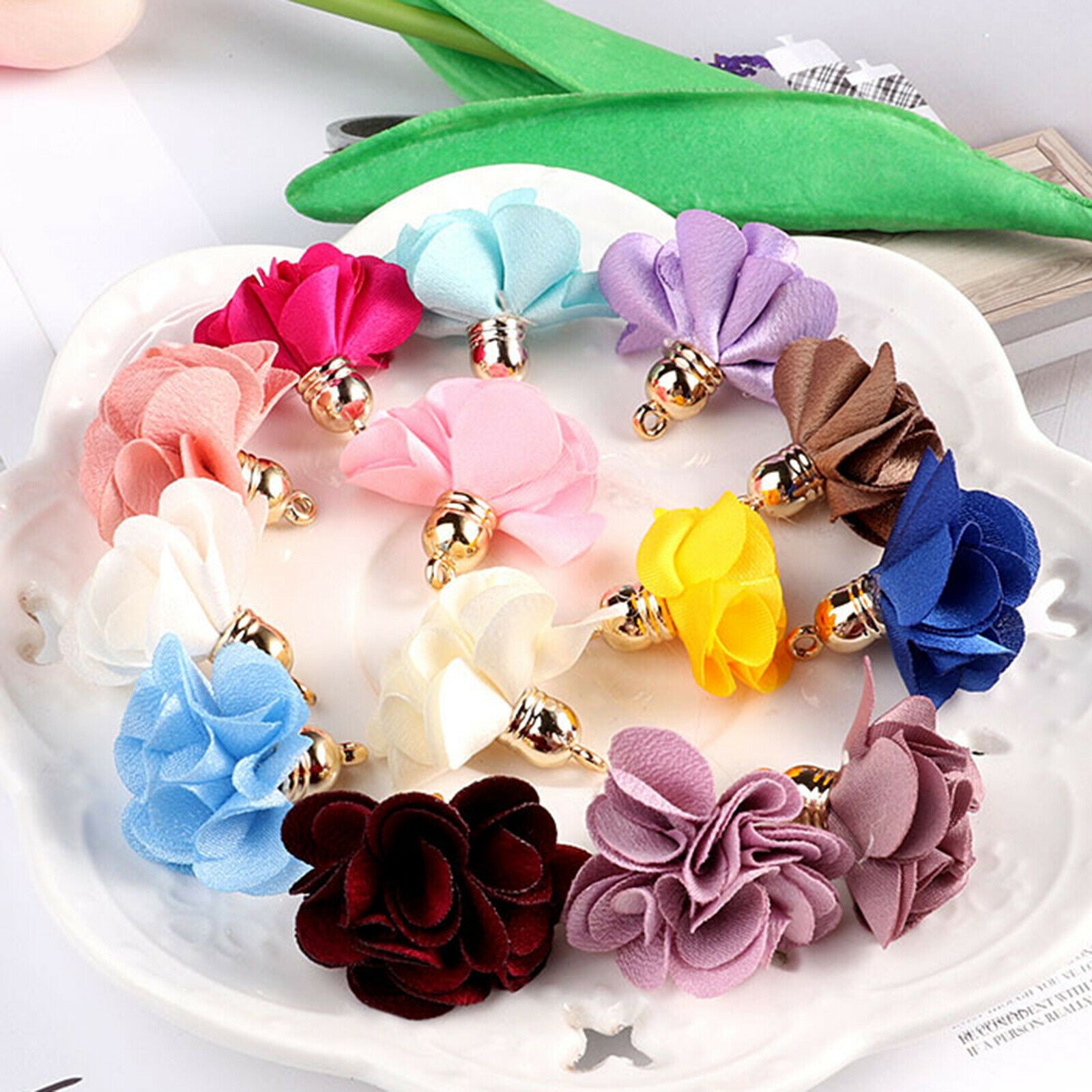 Set of 100 Cloth Flower Petal Pendants Tassel Charms Mixed Color DIY Crafts