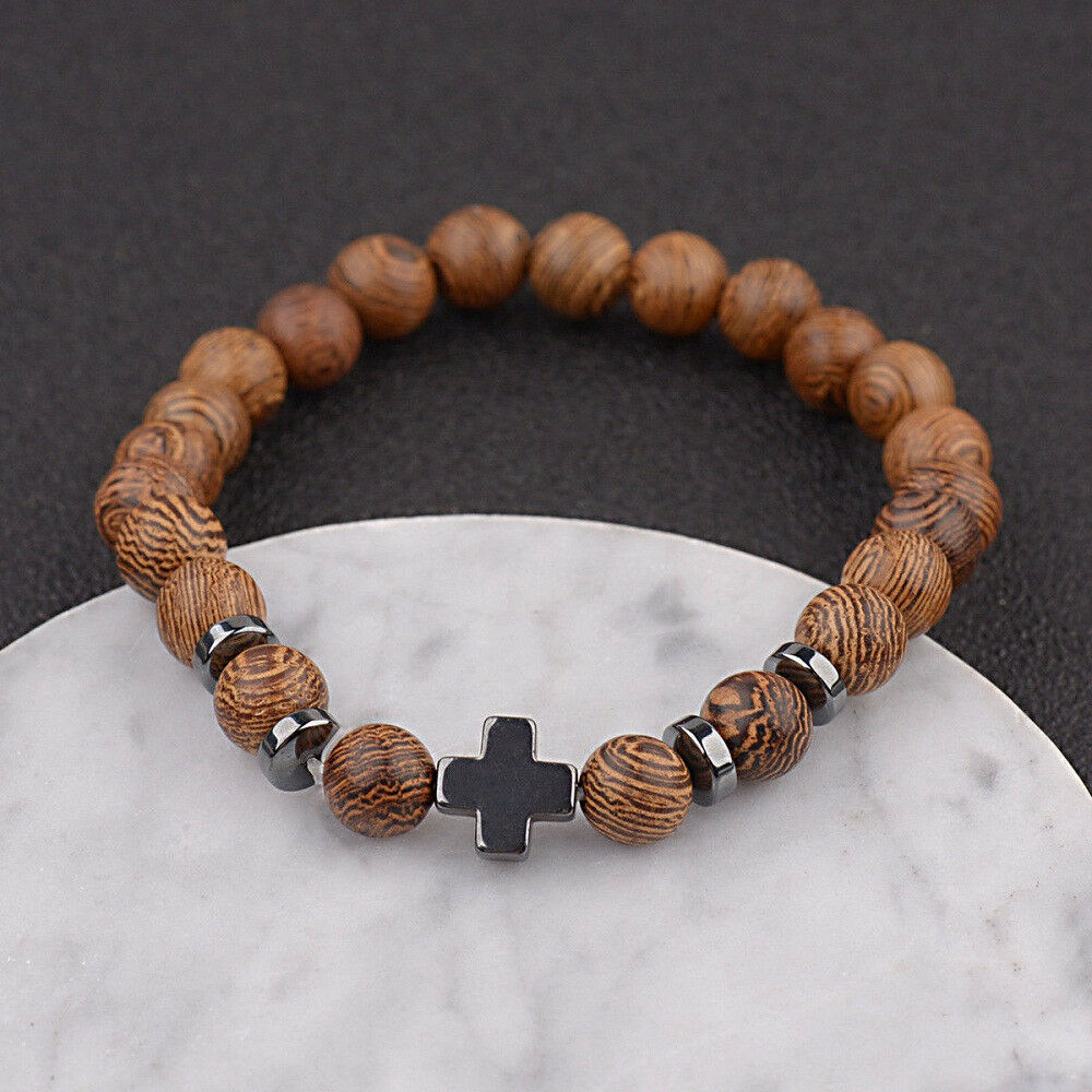 Hot Men Women Hematite Cross Wooden Bracelets Stretchy Wooden Bracelet Beads JT