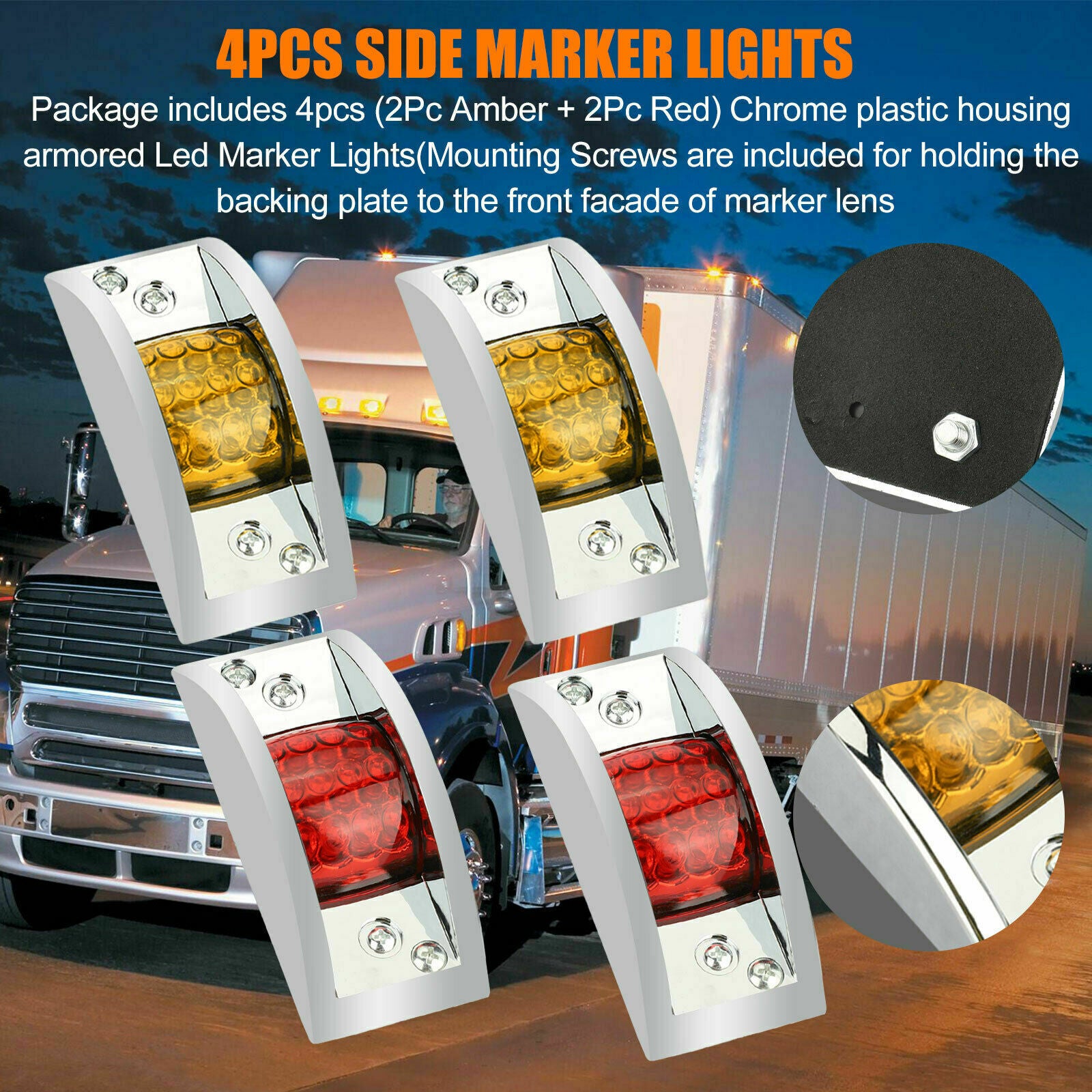 4X 12 LED 12V Yellow+Red Sealed Chrome Side Marker Truck Trailer Clearance Light