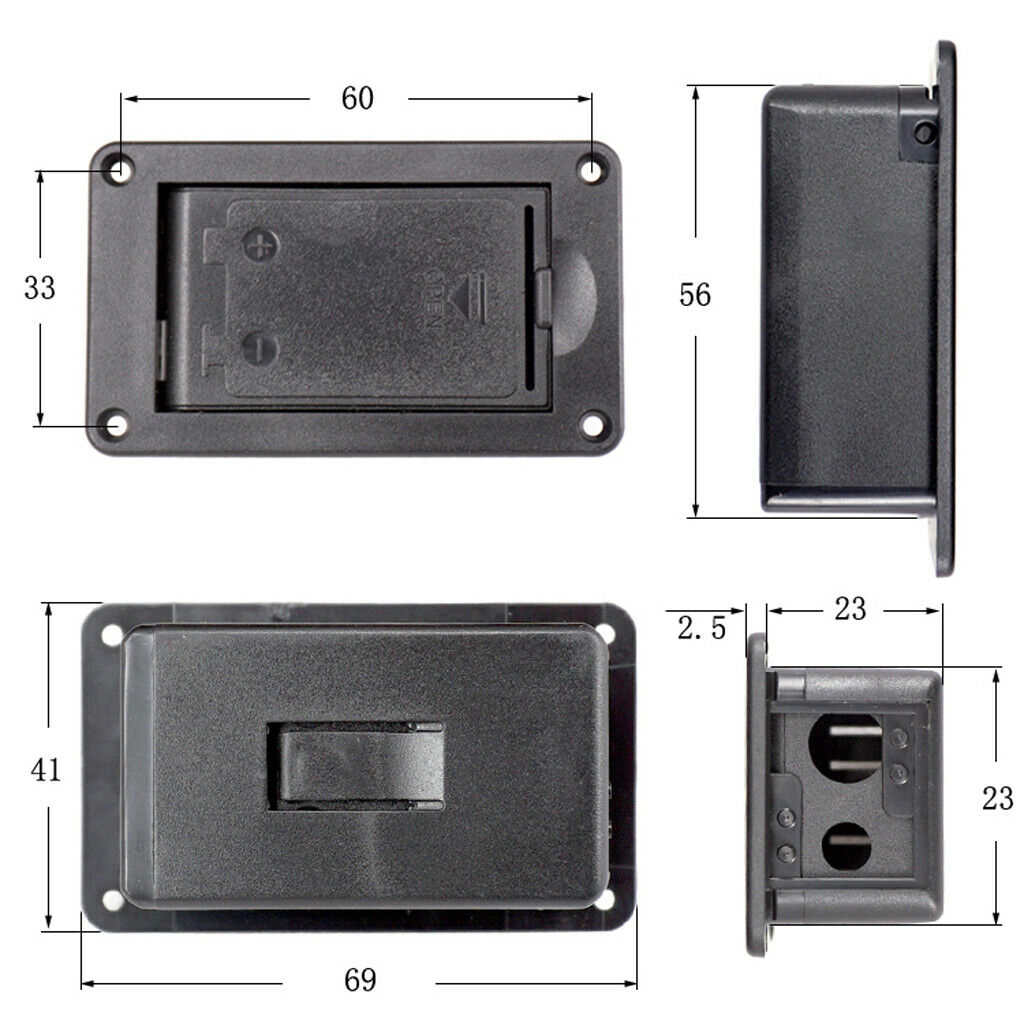 9V battery box for active guitar bass with contact spring & 2-pin plug