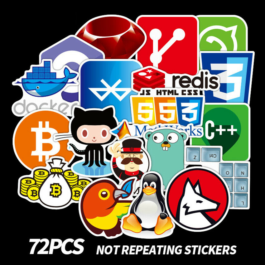 72x Developer, Programmer Stickers of Programming Languages and Internet Brands