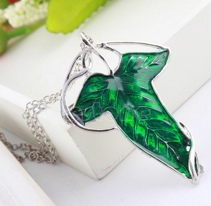 Green Leaf Lord of The Rings Elven Pin Brooch Pendant Chain Necklace