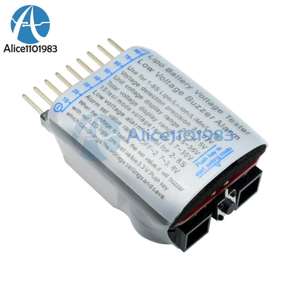 10PCS 1-8S Lipo/Li-ion/Fe Battery Low Voltage 2IN1 Meter Tester Buzzer Alarm