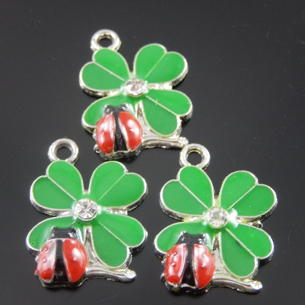 10pcs Green And Red Color Clover  ladybug Enamel Pendant Charm Finding 37058