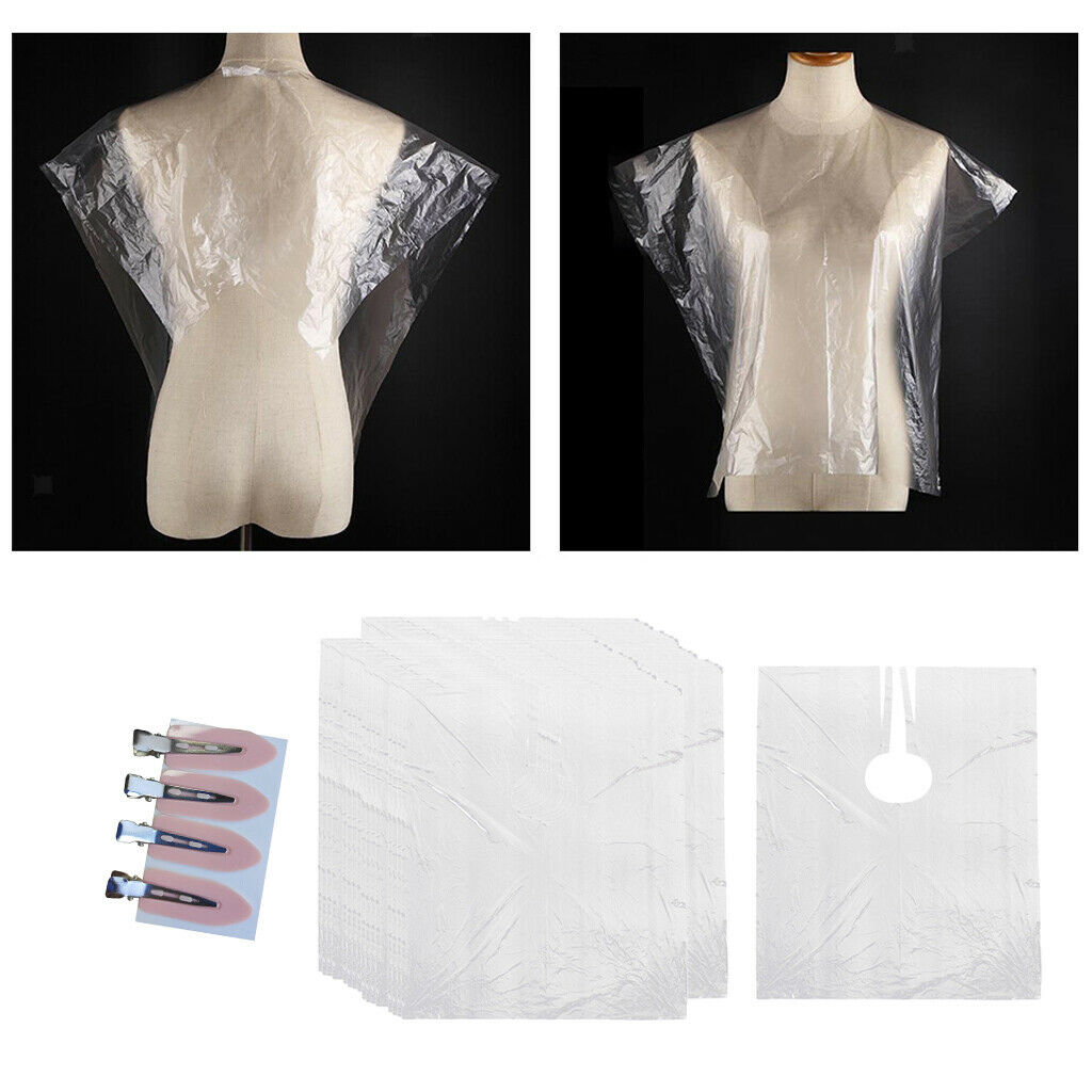 100Pcs Disposable Hair Cutting Cape Transparent Gown with 4pcs No Bend Clips