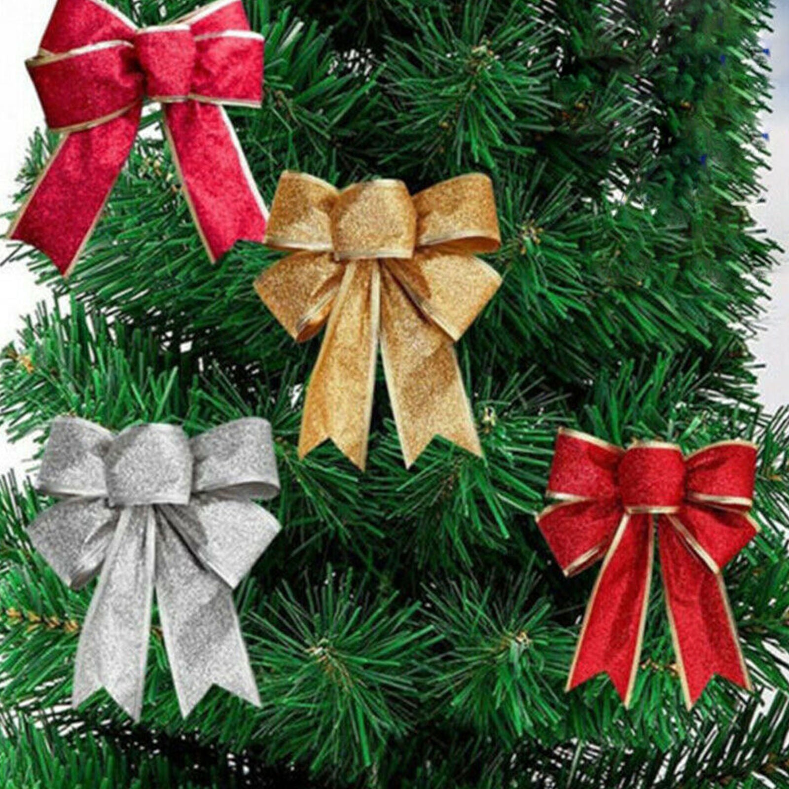 12PCS Large Bows Bowknot Christmas Tree Ornaments XMAS Holiday Decor Party Home