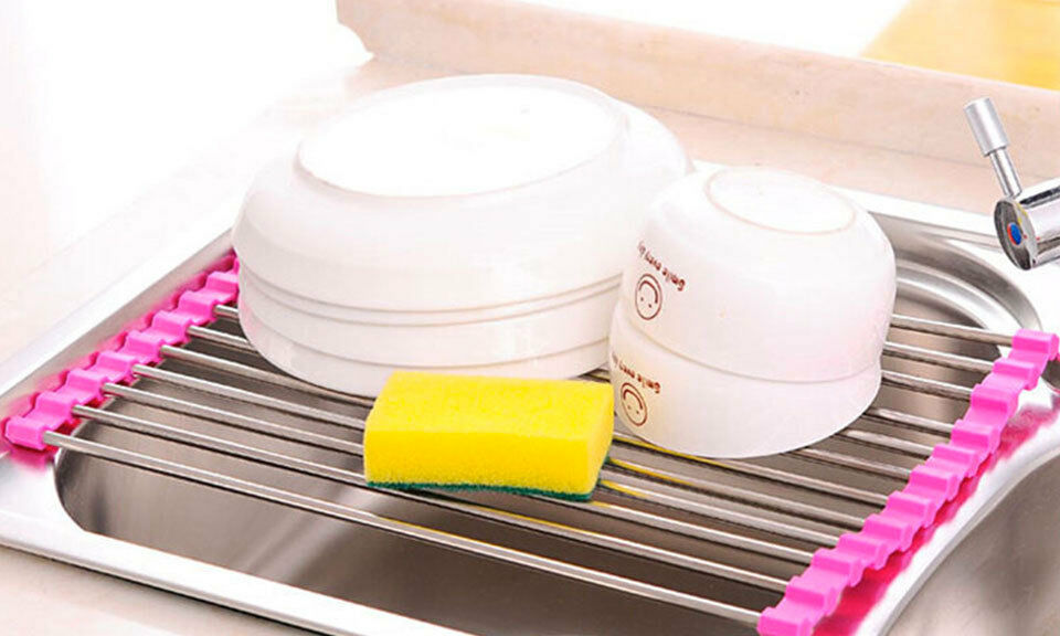 Dish Drainer Pliable Slip Sink Basin Strainer Rest Flat Fuchsia - New