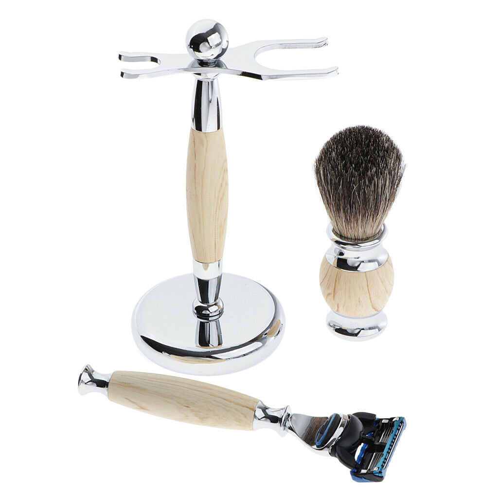 Mens Shaving Kit Gift Set w/5 Layer Blade Razors Brush & Stand Holder Beige