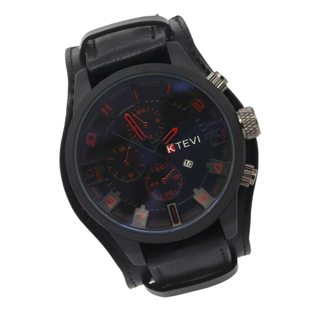 Mens Outdoor Waterproof Calendar Watch Quartz Leather Wristwatch Black