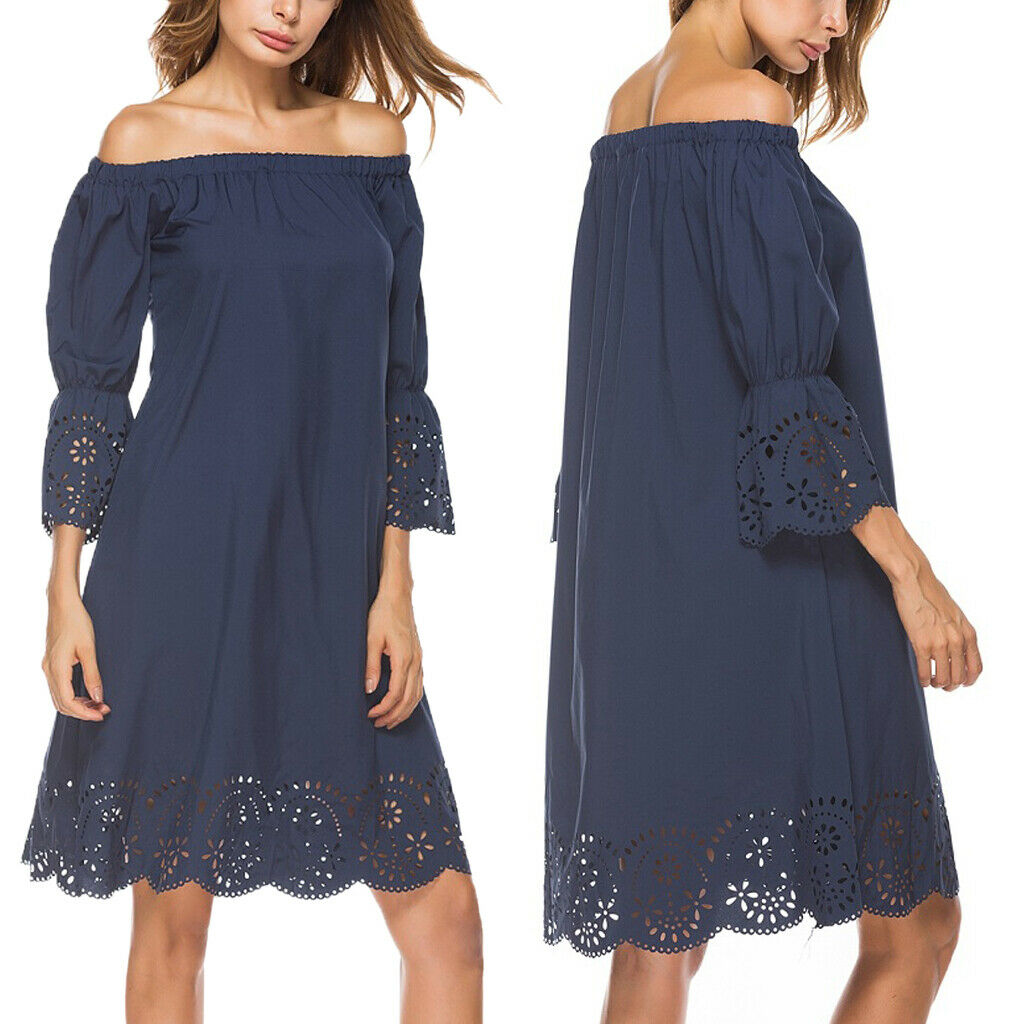 Women 3/4 Sleeve Skirt Off Shoulder Hollow Out Flower Hem Dress Darkblue 1XL