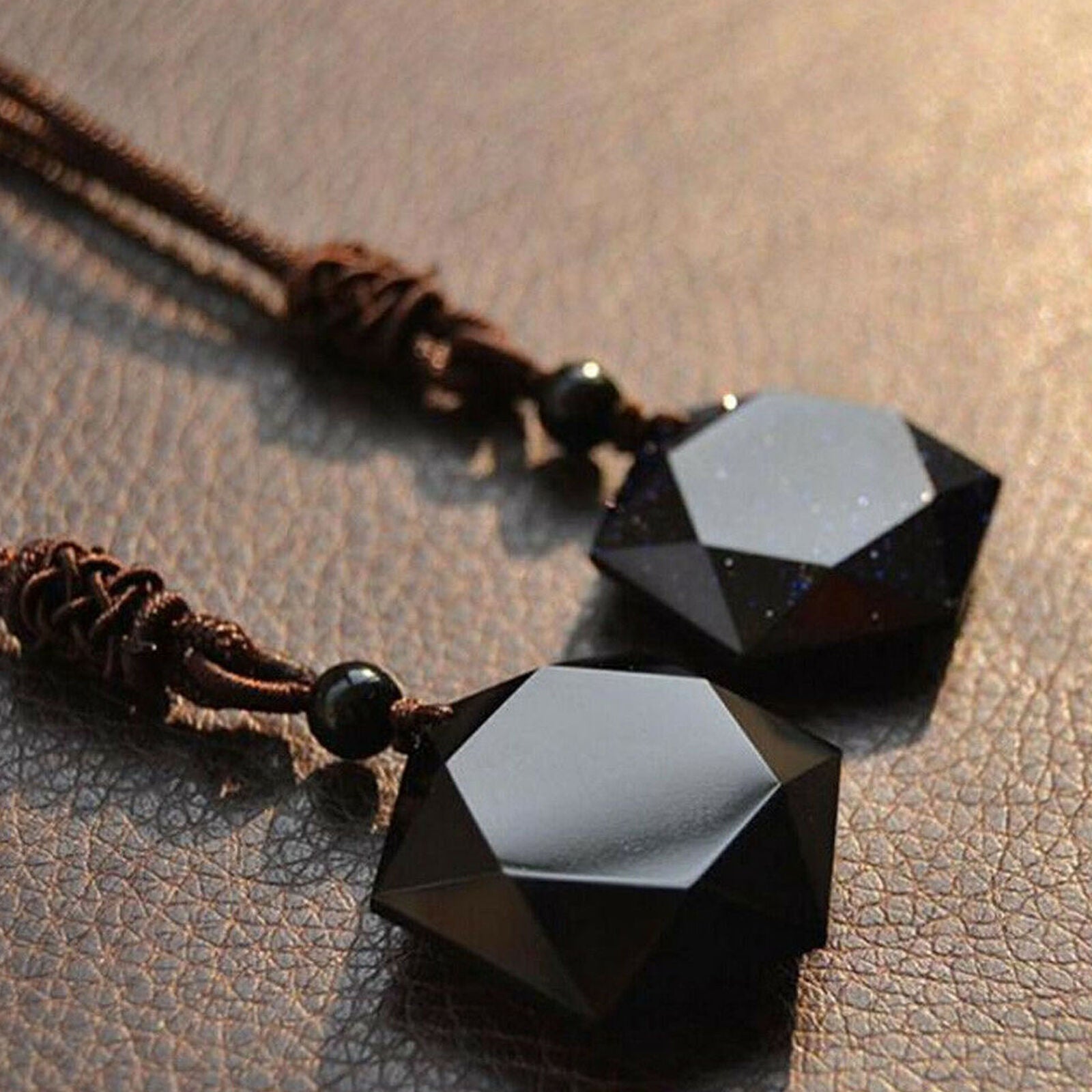 Black Men Jewelry Black Lucky Obsidian Pendant Necklace Hexagram Shape Amulet