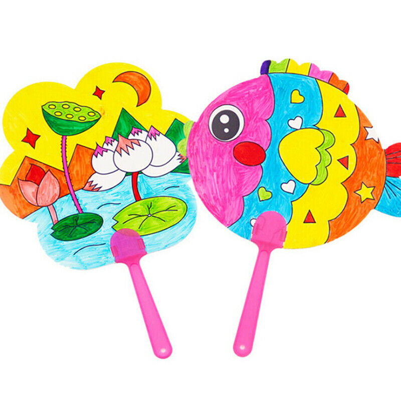 1Pc DIY kids coloring cartoon hand fan craft kindergarten drawing toys .l8