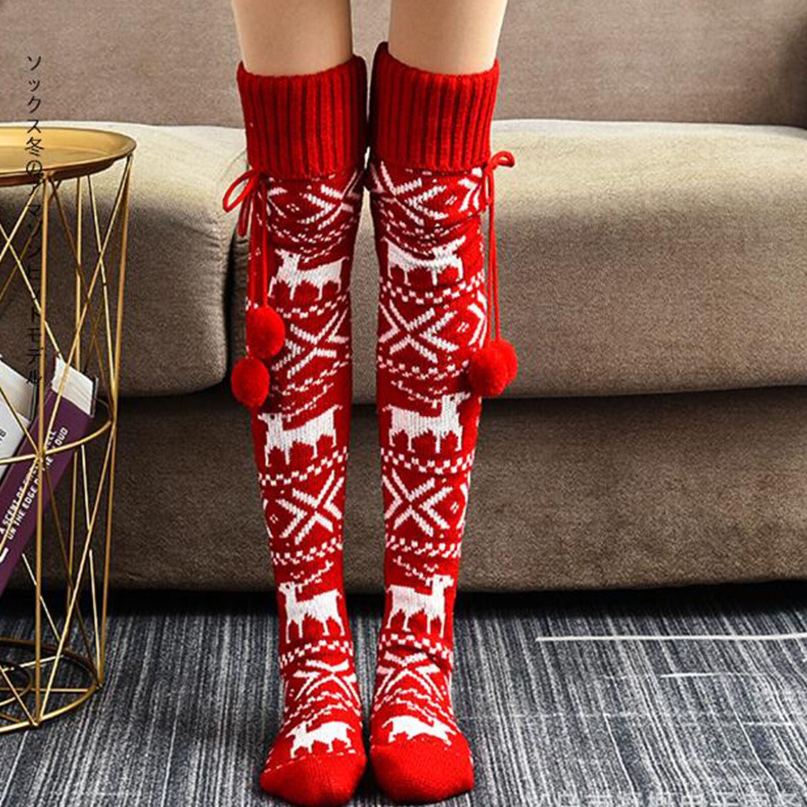Women Knitted High Over Knee Socks Warm Winter Long Socks Christmas Stockings