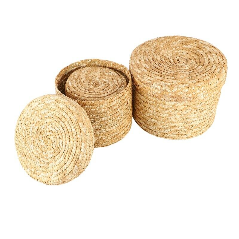 3 Pcs/Set Handmade St Woven Storage Basket With Lid Snack Organizer Storage BoH9