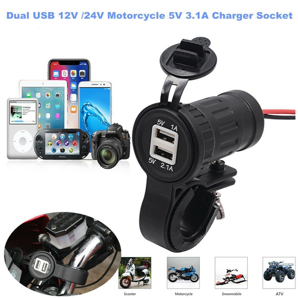 Dual USB 12V /24V Motorcycle Handlebar Charger Socket w/ Mounts Clamp Waterproof
