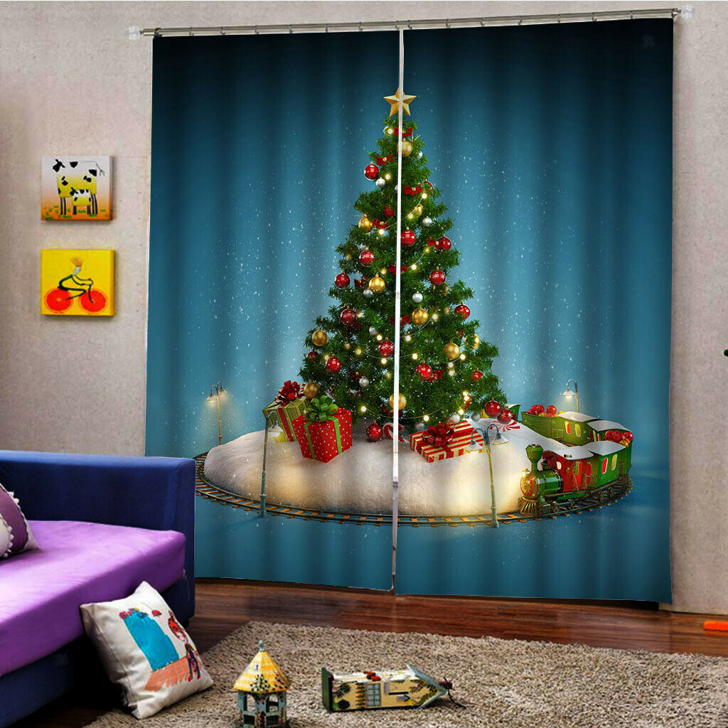 Christmas Curtains, Merry Xmas Themed Christmas Tree and Lights, Living Room