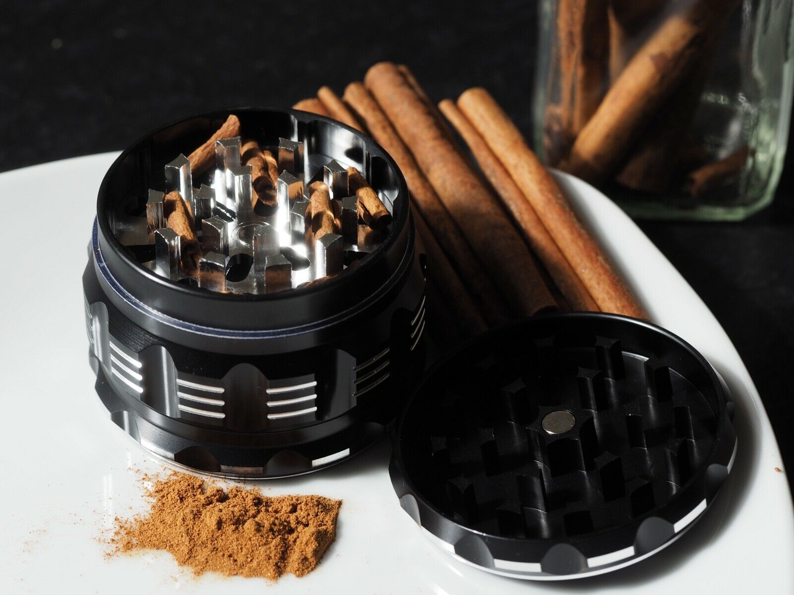 Tobacco Herb Grinder 4-Piece Metal 2.5 inch Large Magnetic Top Black