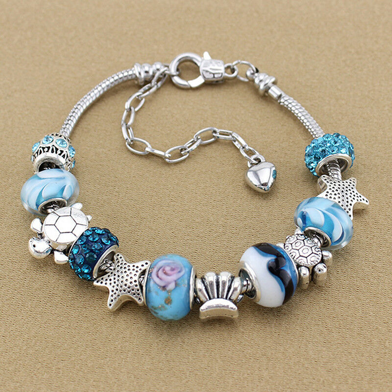 Ocean Shell Blue Crystal Beads Chain Bangle Bracelet Women Girl Charm JewelryBDA