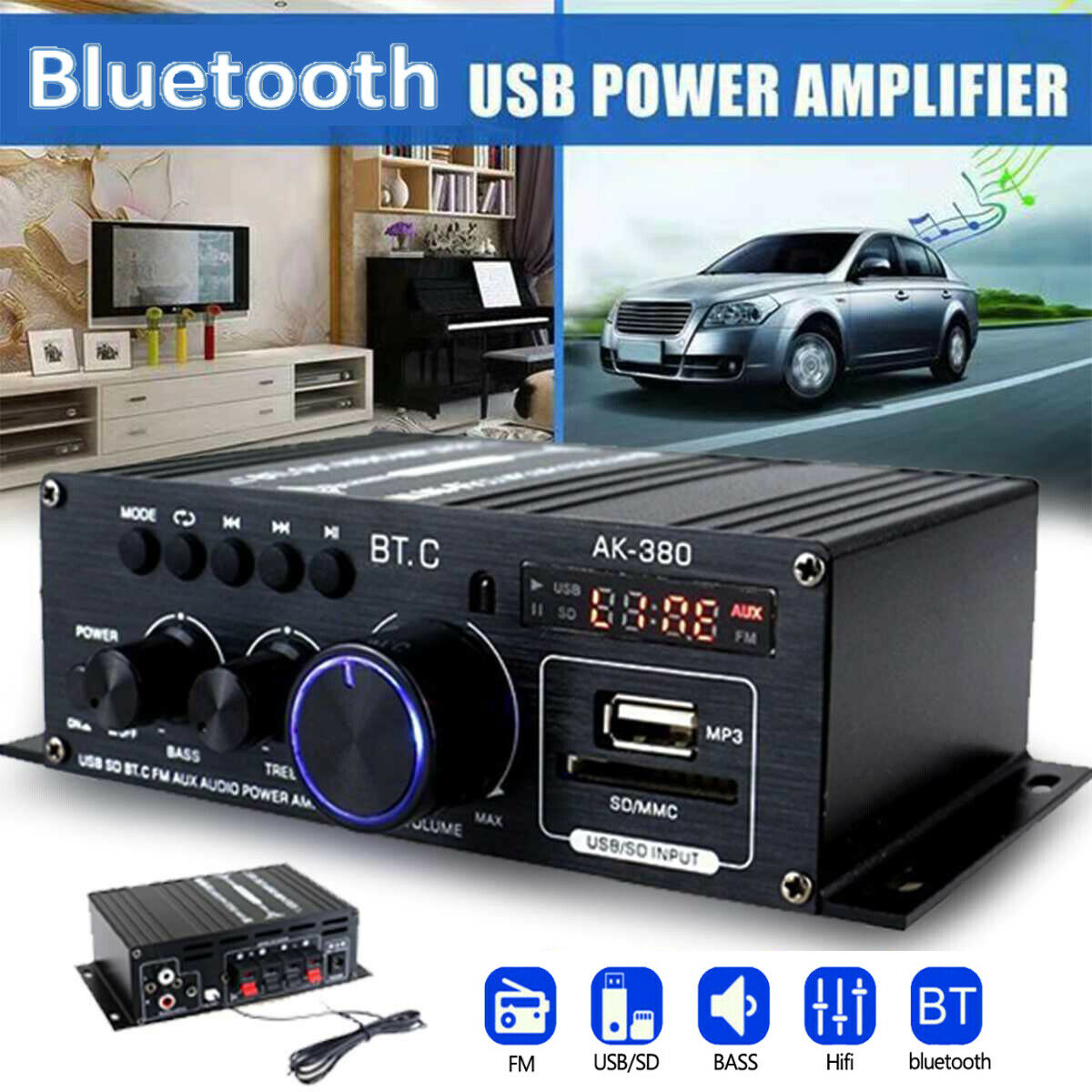 Bluetooth2.0CH 400WHi-Fi Auto Stereo12V MP3Car Audio Amplifier Radio Booster Blk