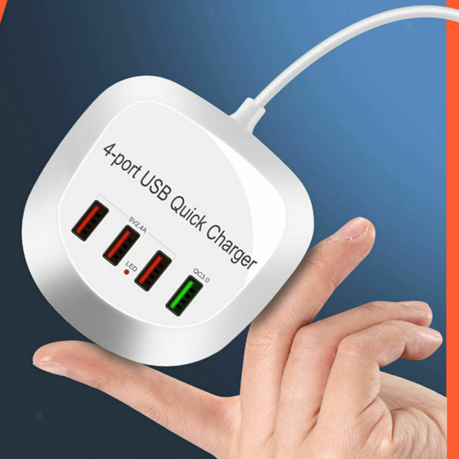 USB Charger Hub with QC 3.0 4 USB Ports 115cm Cord White Compact Plug-US