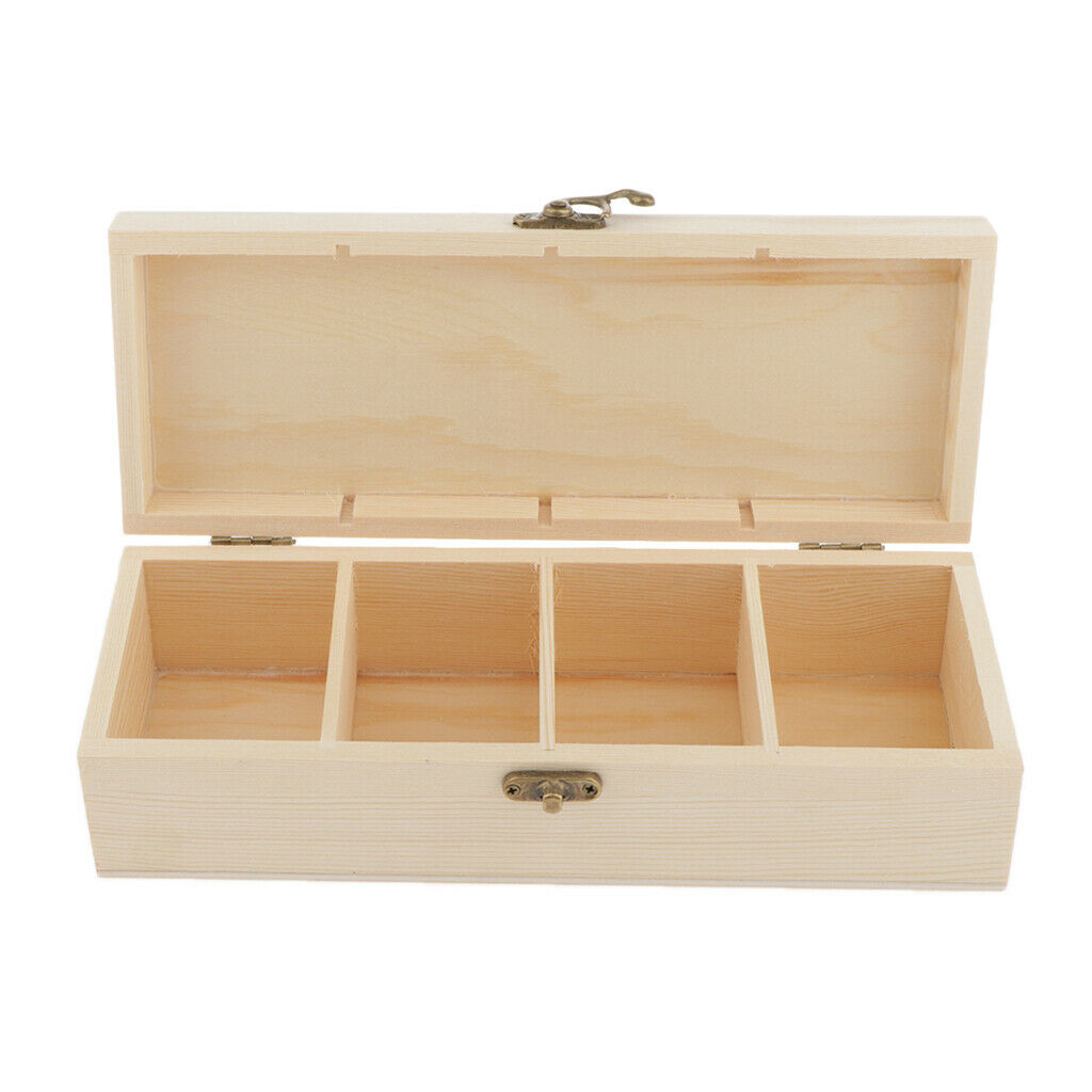 Wood Jewelry Box Tea Box Earring Ring Storage Box Holder w/ Clasp 4 Grids