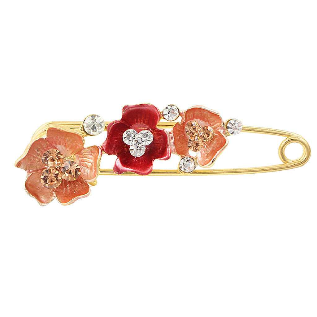 Women's Crystal Rhinestone Camellia Flower Brooch Pin Golden Tone Red