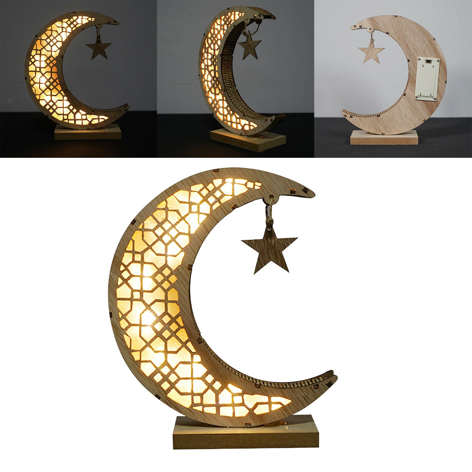 Wooden Ramadan Decorations Moon Shaped Lamp Tabletop Festival Party Supplies