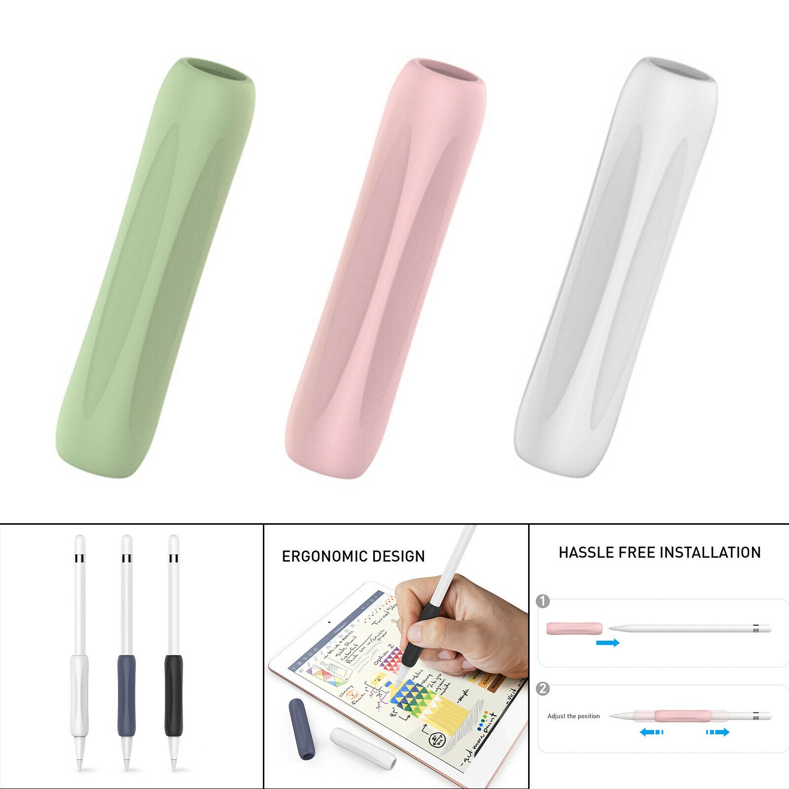 3x Touch Screen Pen Cover Sleeve Case Anti-Slip Grip Pink Green White