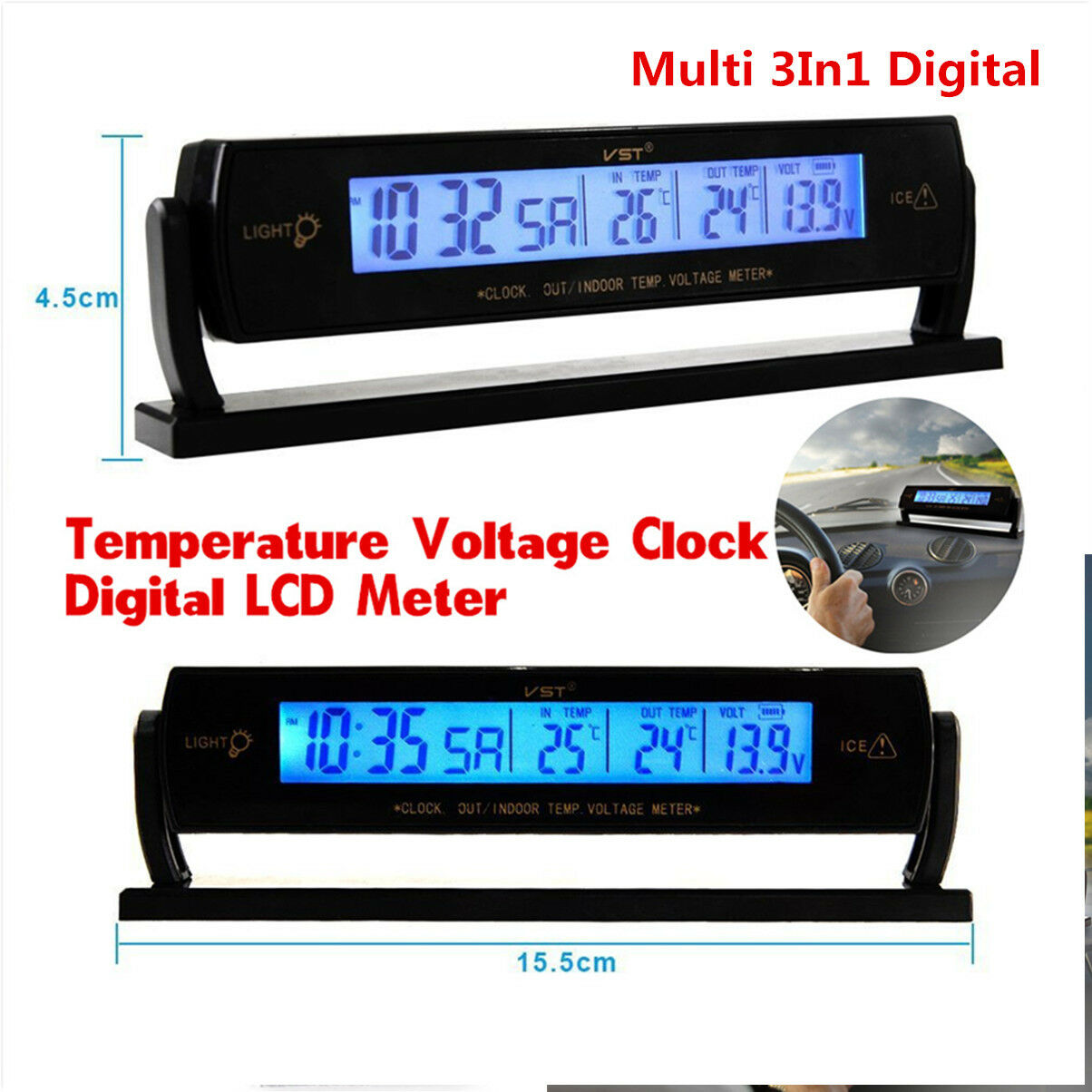 Car Auto Voltage Digital Monitor Battery Alarm Clock LCD Temperature Thermometer