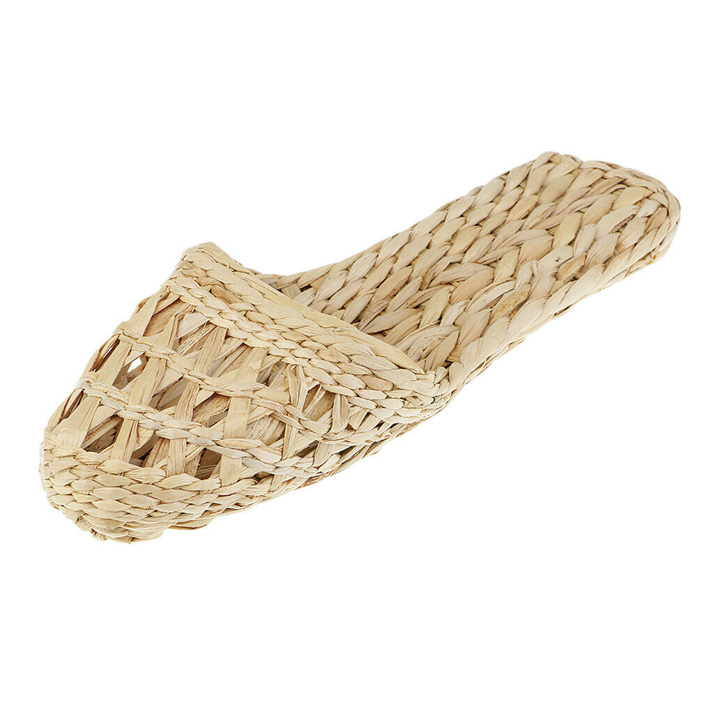 1 Pair Of Hand Knitted Straw Rattan Slippers - Natural, Size 41