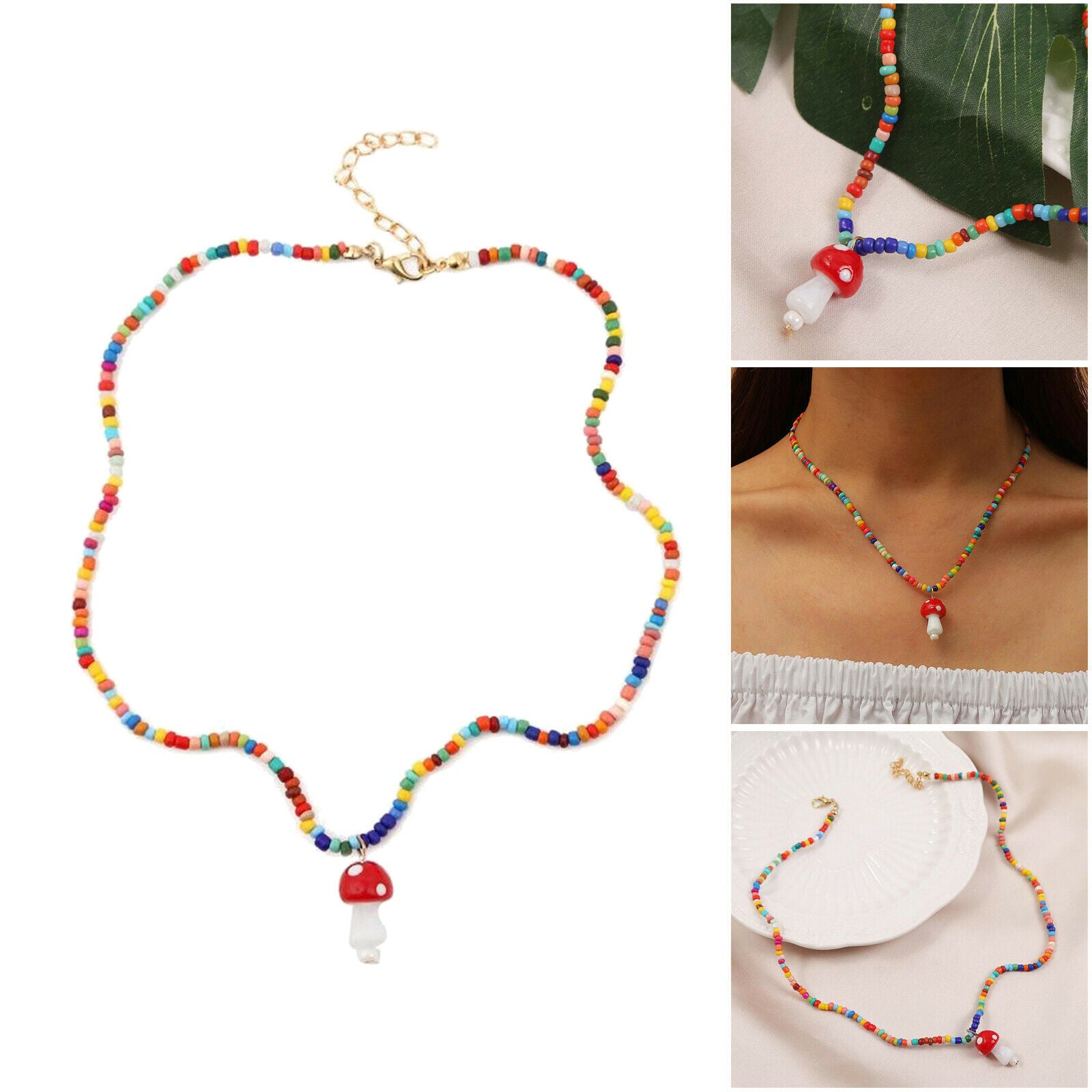 Cute Creative Colorful Beads Chain Mushroom Pendant Dangle Jewelry for Girls