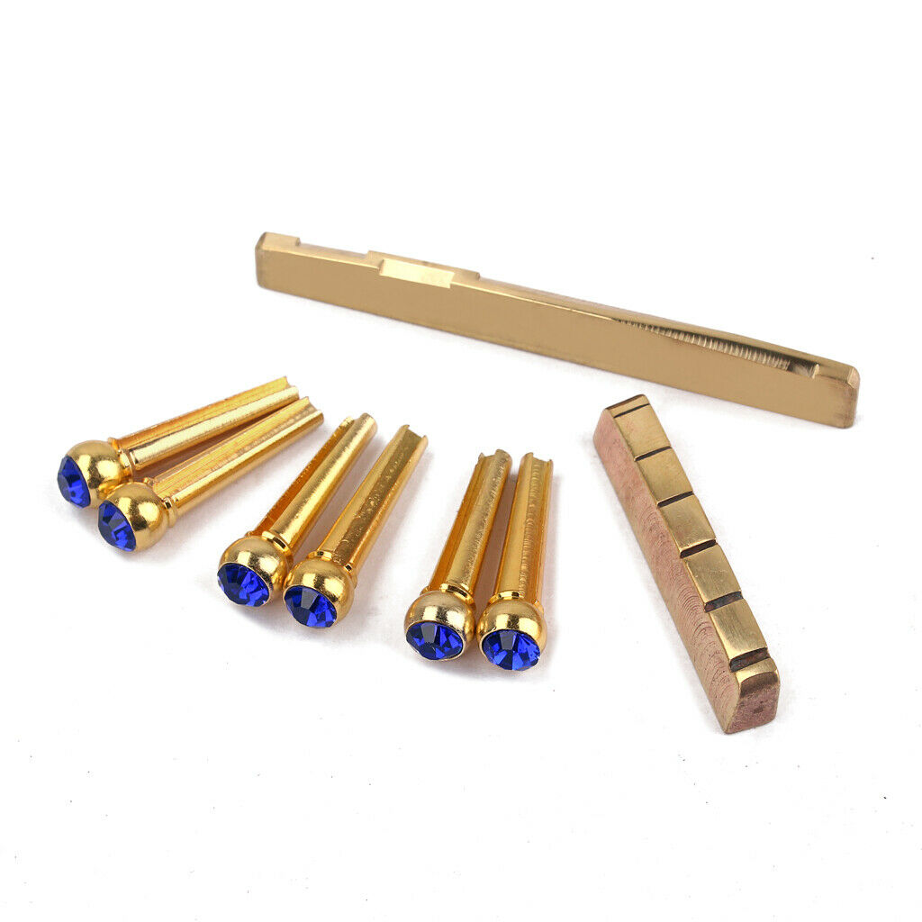 1 Set Acoustic Guitar Replacement Brass Saddle Nut + Blue Opal Bridge Pins