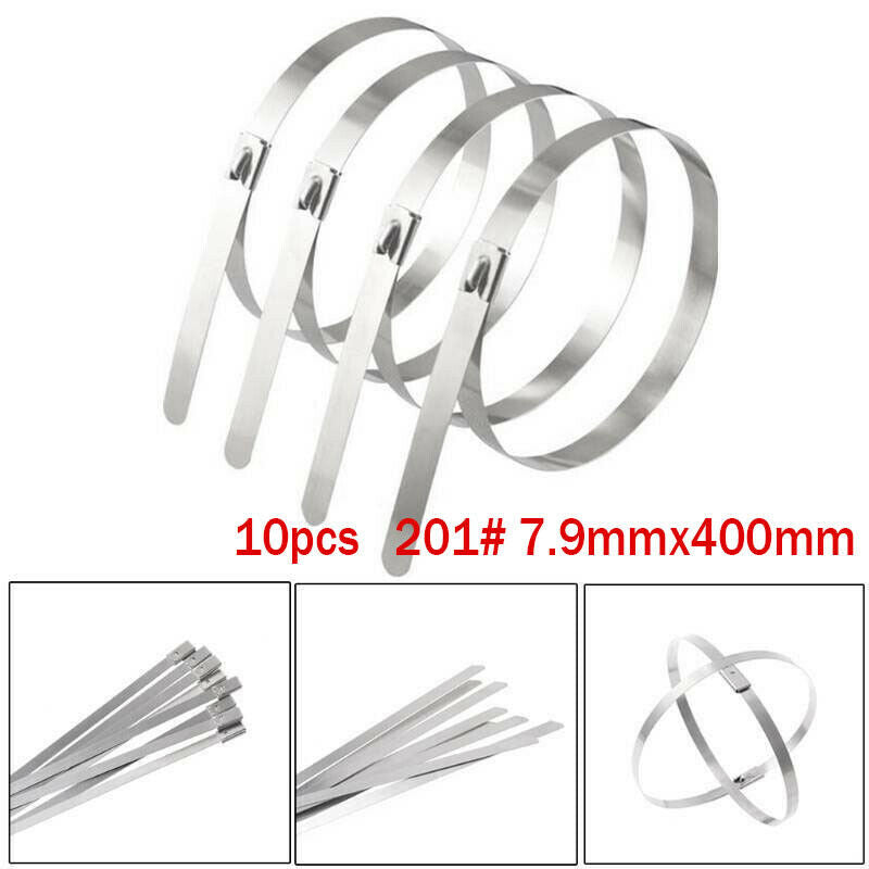 10pcs Stainless Steel Cable Ties Large Strong 400 x 7.9mm 201 Grade Metal Wrap